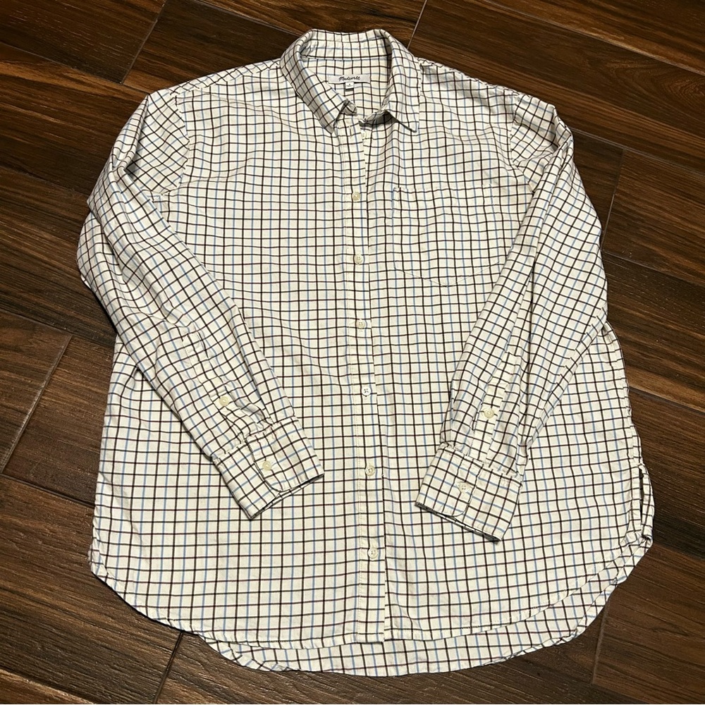 Madewell Women’s Oversized Ex-Boyfriend Plaid Shirt Small Cream Brown Blue - Picture 1 of 12